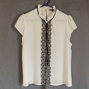 Iris White Blouse with Black Lace Detail